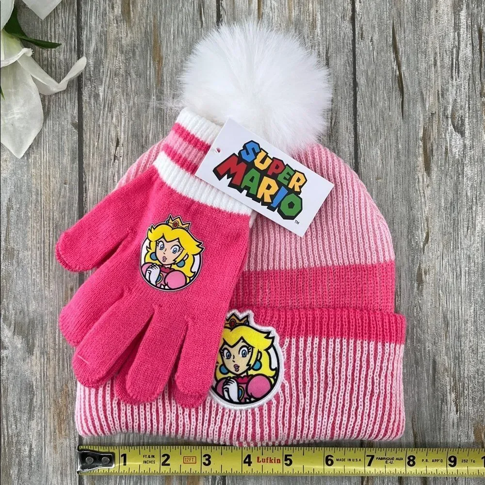 Girls Super Mario Princess Peach Pink Winter Hat and Gloves Set